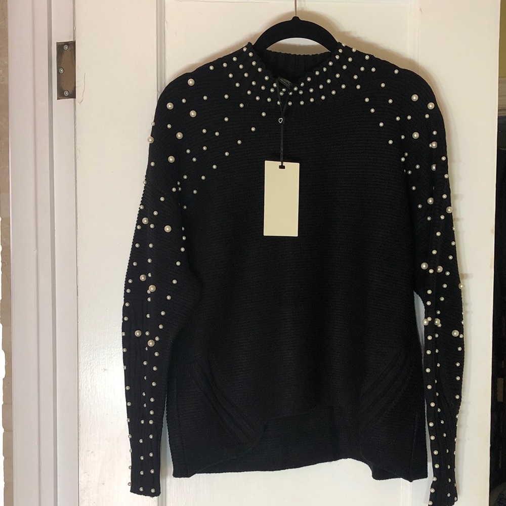 Pearl-Embellished Black Crewneck Sweater